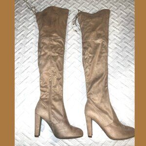 Sexy thigh-high taupe/beige faux suede boots, Size 6.5